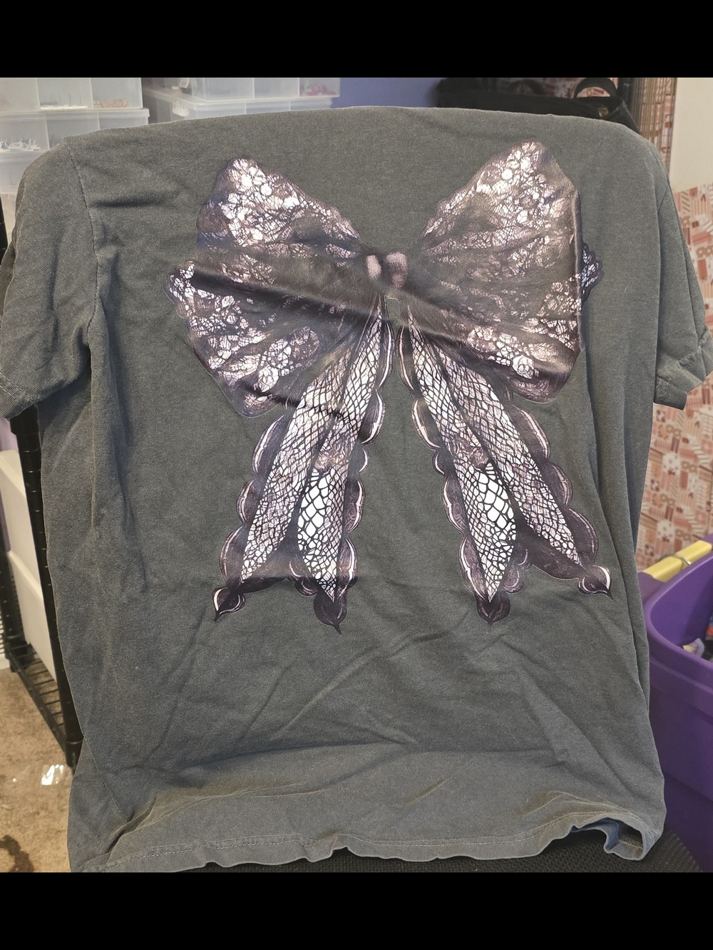 Dark Tee with Metallic Purple Lace Bow Graphic